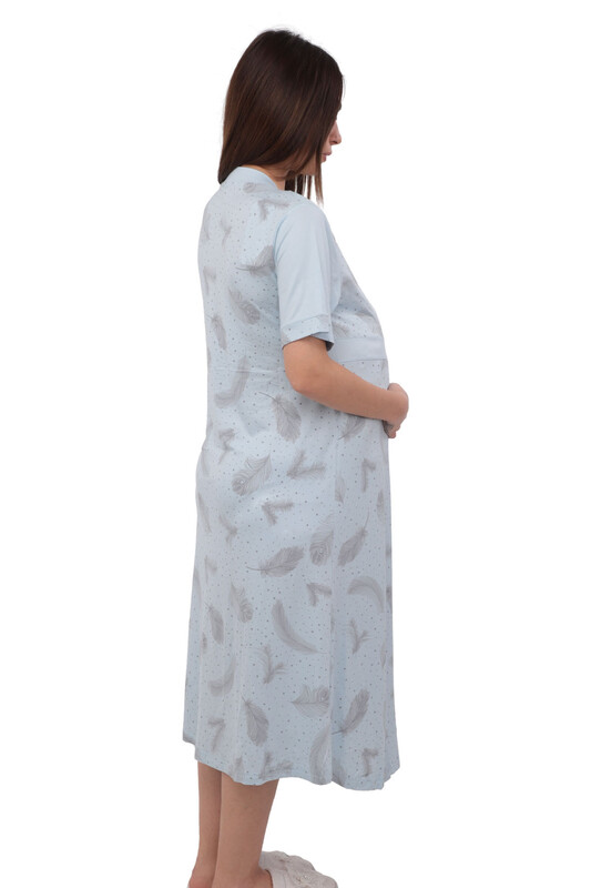 Berrak Leaf Printed Long Sleeve Pregnancy Night Gown 452 | Baby Blue - Thumbnail