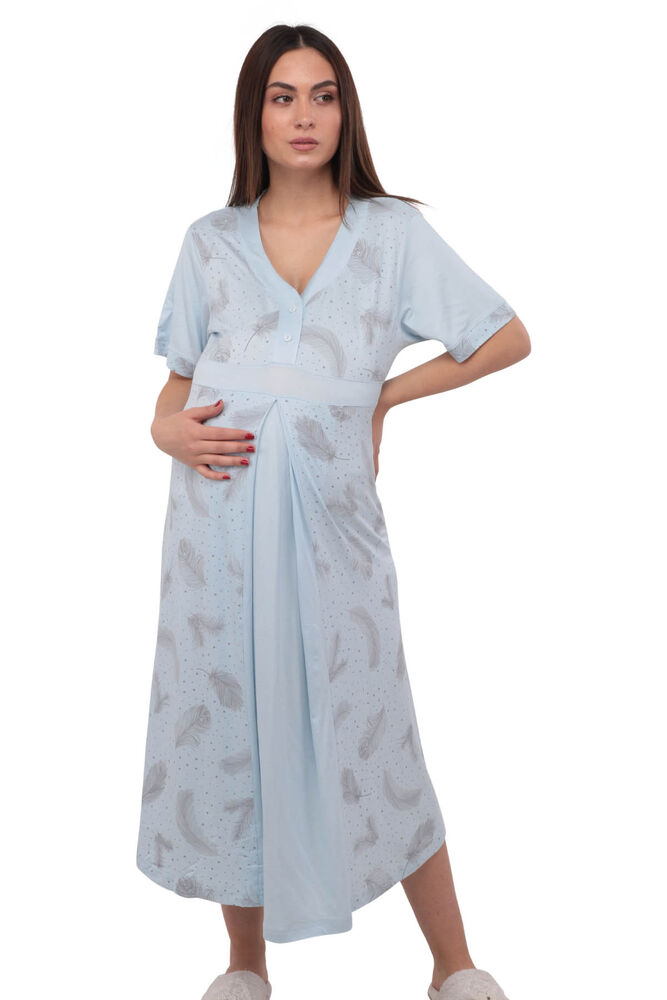 Berrak Leaf Printed Long Sleeve Pregnancy Night Gown 452 | Baby Blue