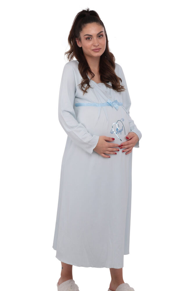 Berrak Buttoned Ribbon Pregnancy Night Gown 391 | Blue