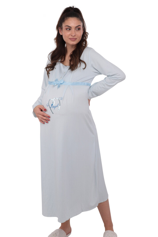 Berrak Buttoned Ribbon Pregnancy Night Gown 391 | Blue - Thumbnail