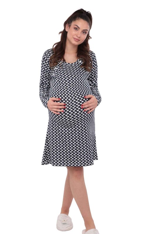 Heart Printed Long Sleeve Puerpera Night Gown 15100-33 | Navy Blue - Thumbnail
