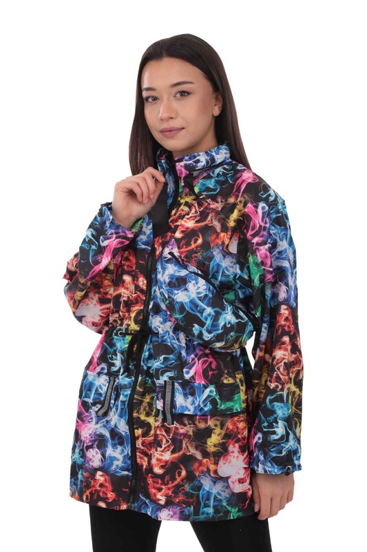 Patterned Woman Coat with Fanny Pack 9618 | Black - Thumbnail