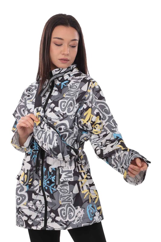Patterned Woman Coat with Fanny Pack 9619 | Black - Thumbnail
