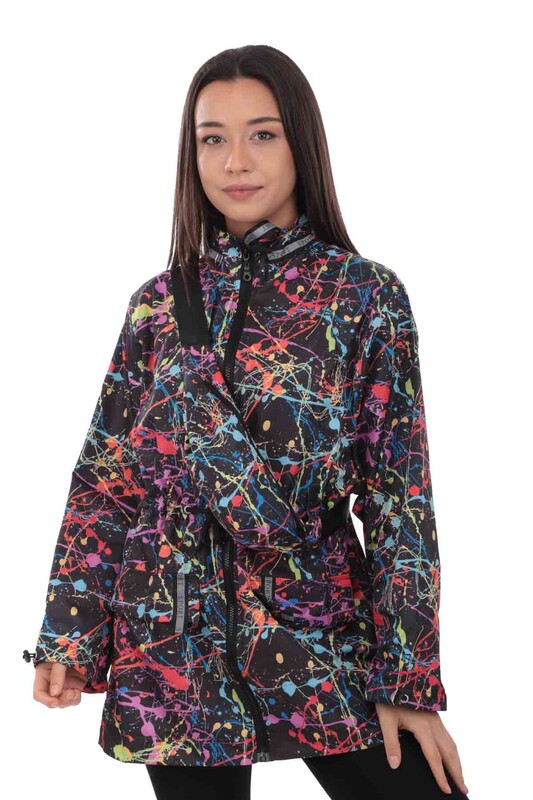Patterned Woman Coat with Fanny Pack 9620 | Black - Thumbnail
