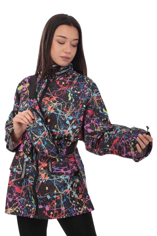 Patterned Woman Coat with Fanny Pack 9620 | Black - Thumbnail