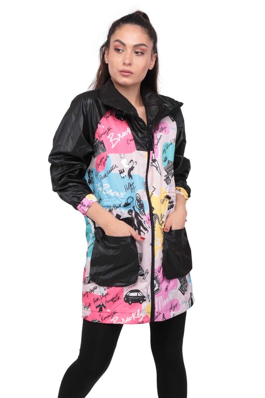 Patterned Woman Raincoat 9620 | Black - Thumbnail