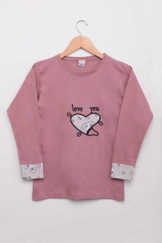 Heart Printed Girl Pyjama Set | Dusty Rose - Thumbnail