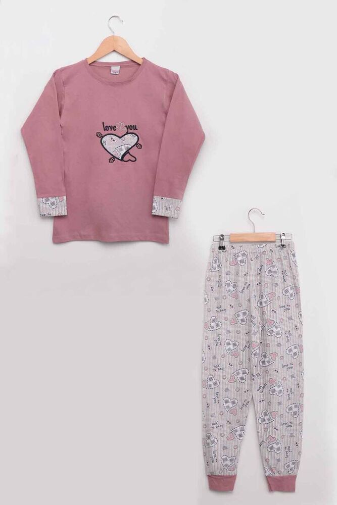 Heart Printed Girl Pyjama Set | Dusty Rose