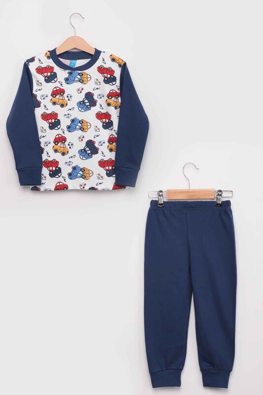 Gupse Car Printed Long Sleeve Boy Pajamas Set | Blue - Thumbnail