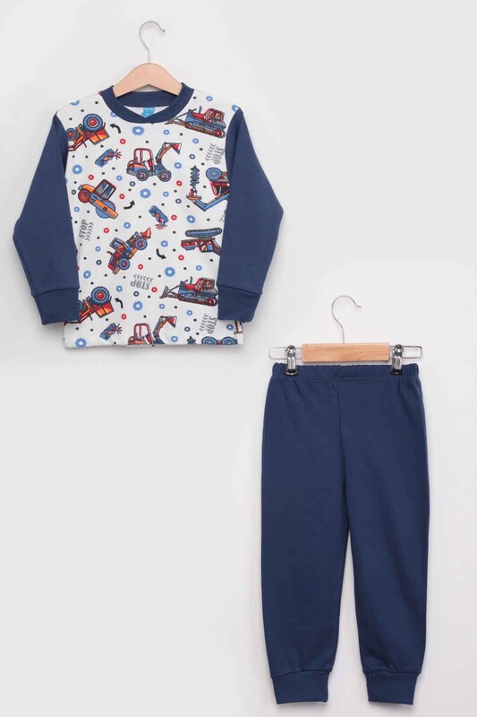 Gupse Machine Printed Long Sleeve Boy Pajamas Set | Navy Blue - Thumbnail