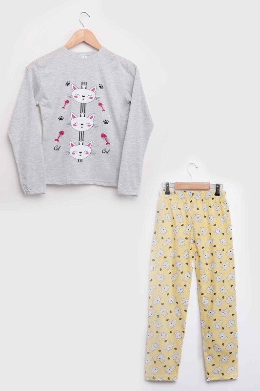 İtan Cat Printed Girl Pyjama Set 1052 | Gray - Thumbnail