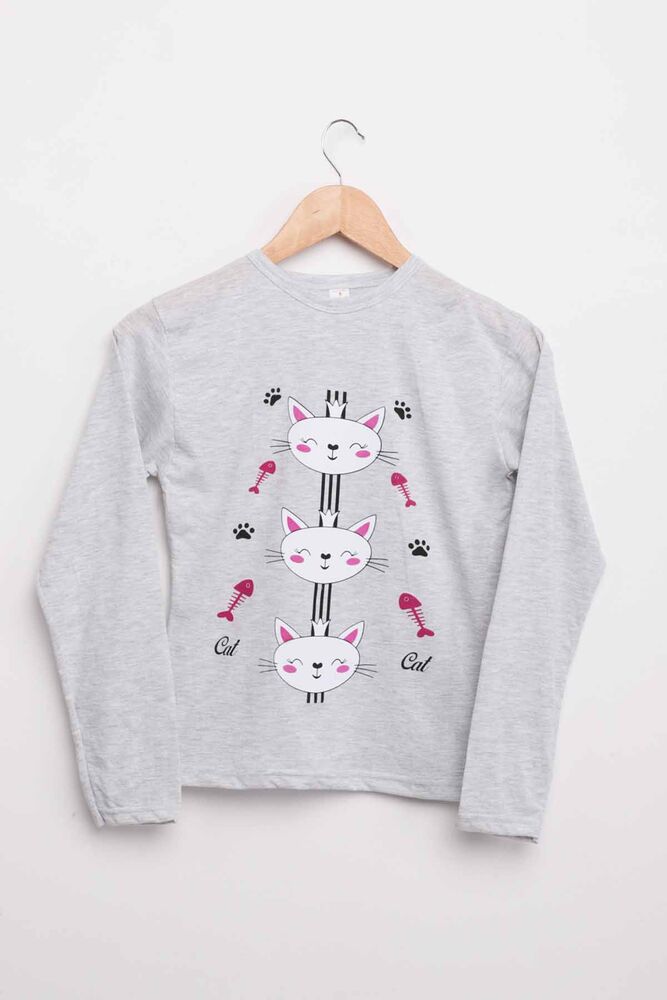 İtan Cat Printed Girl Pyjama Set 1052 | Gray