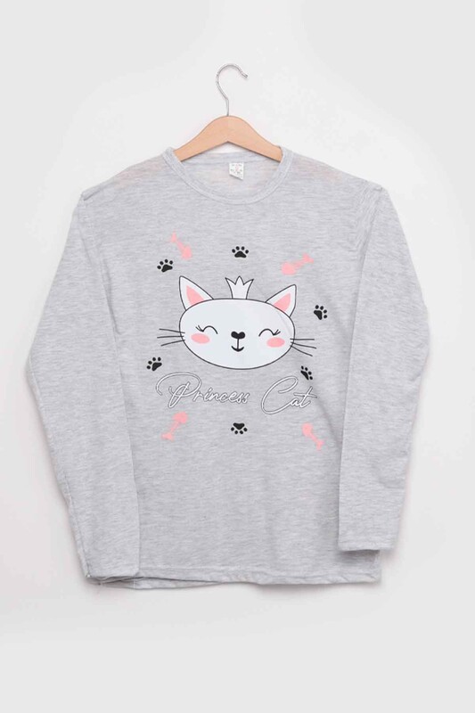 İtan Cat Printed Girl Pyjama Set | Gray - Thumbnail