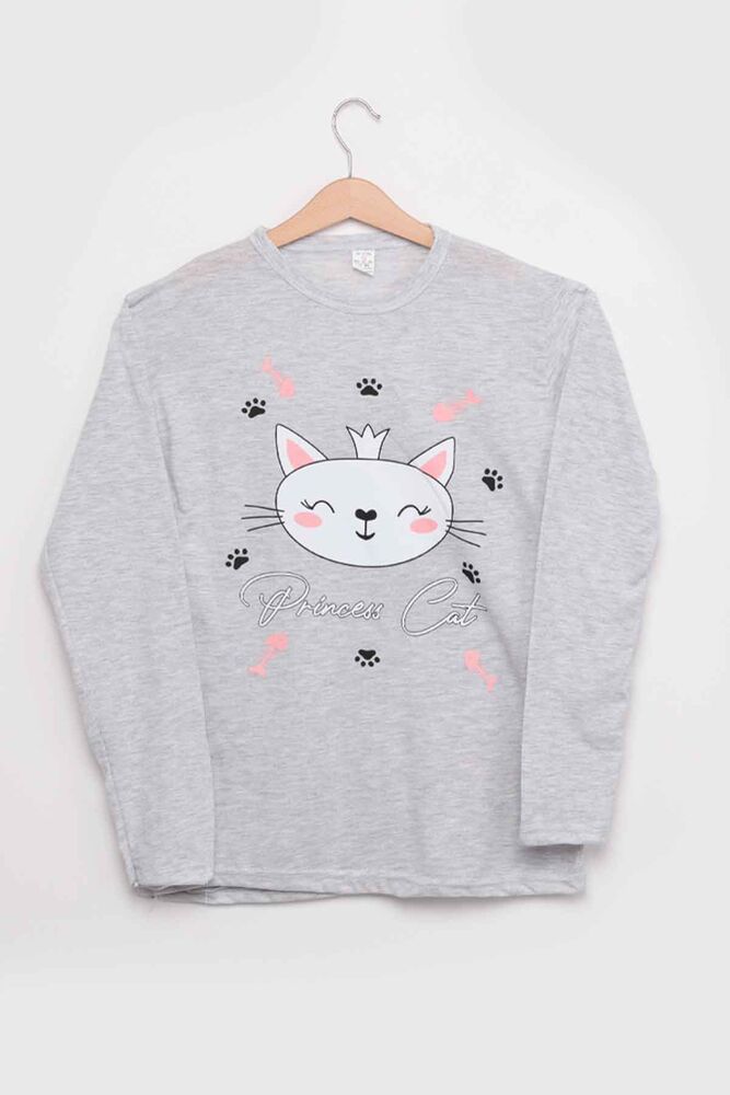 İtan Cat Printed Girl Pyjama Set | Gray