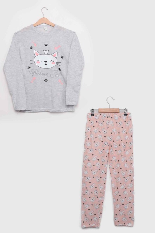 İtan Cat Printed Girl Pyjama Set | Gray - Thumbnail