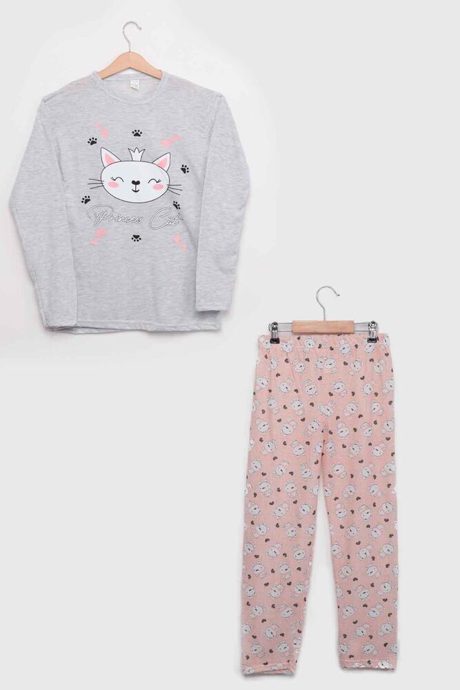 İtan Cat Printed Girl Pyjama Set | Gray