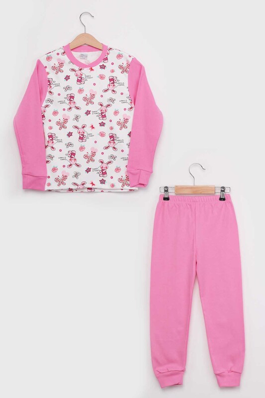 Gupse Rabbit Printed Long Sleeve Girl Pyjama Set | Pink - Thumbnail