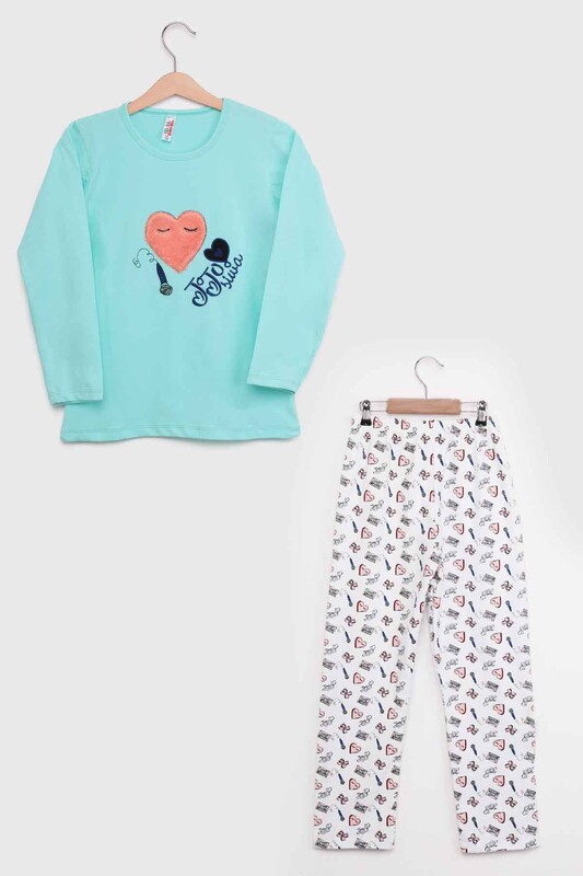 Long Sleeve Heart Printed Girl Pyjama Set 6002 | Sea Green - Thumbnail