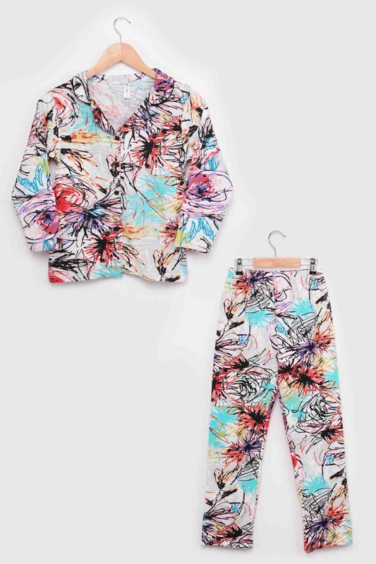 Patterned Long Sleeve Girl Pyjama Set 8002 | White - Thumbnail