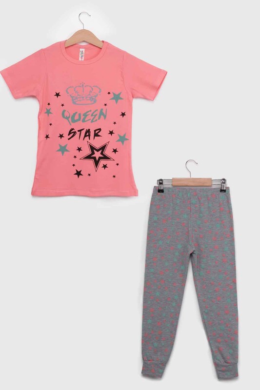 Letter Printed Short Sleeve Girl Pyjama Set 8001 | Light Pink - Thumbnail