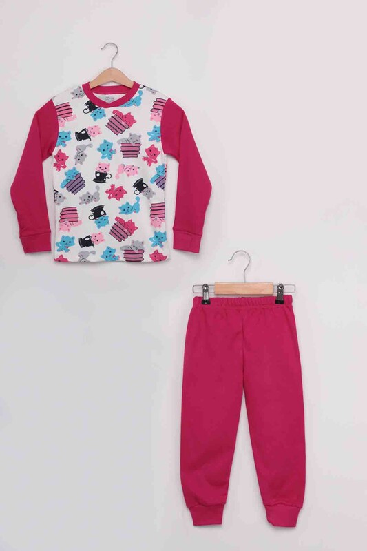Gupse Cat Printed Long Sleeve Pyjama Set | Pink - Thumbnail