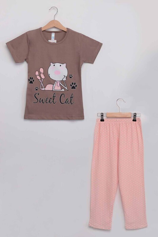 Cat Printed Shot Sleeve Pyjama Set | Brown - Thumbnail