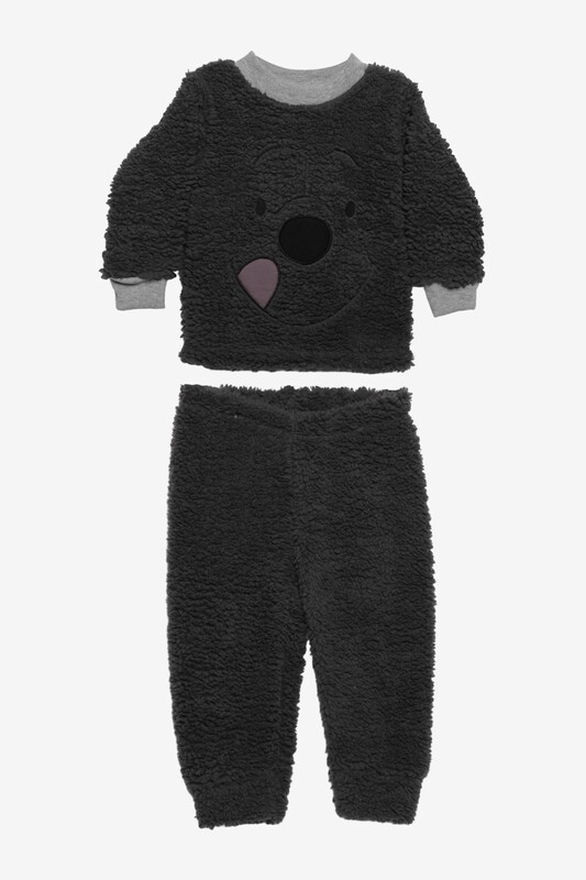 SİMİSSO - Ayıcık Baskılı Peluş Çocuk Pijama Takımı | Antrasit
