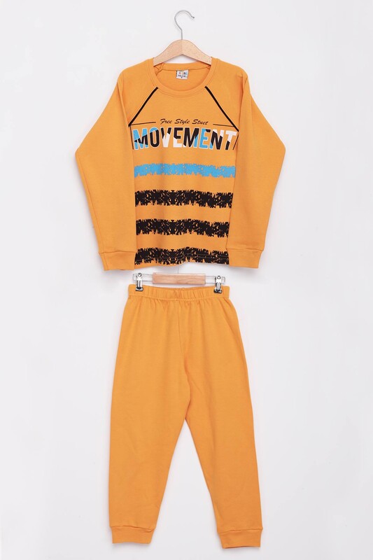 Text Printed Boy Interlock Pajamas Set 6687 | Mustard - Thumbnail