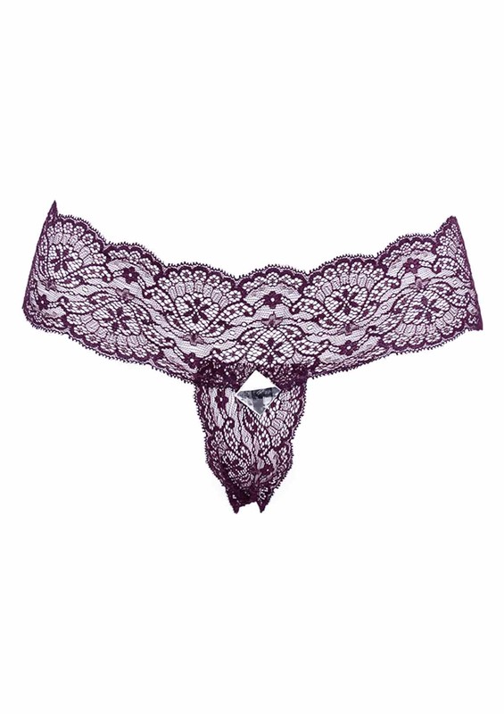 Stone Patterned Laced Thong 3478 | Plum - Thumbnail