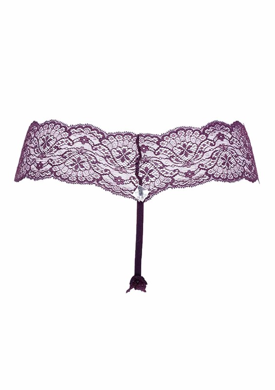 Stone Patterned Laced Thong 3478 | Plum - Thumbnail