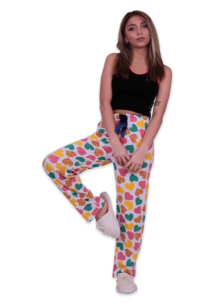 Kalp Baskılı Kadın Pijama Altı | Beyaz