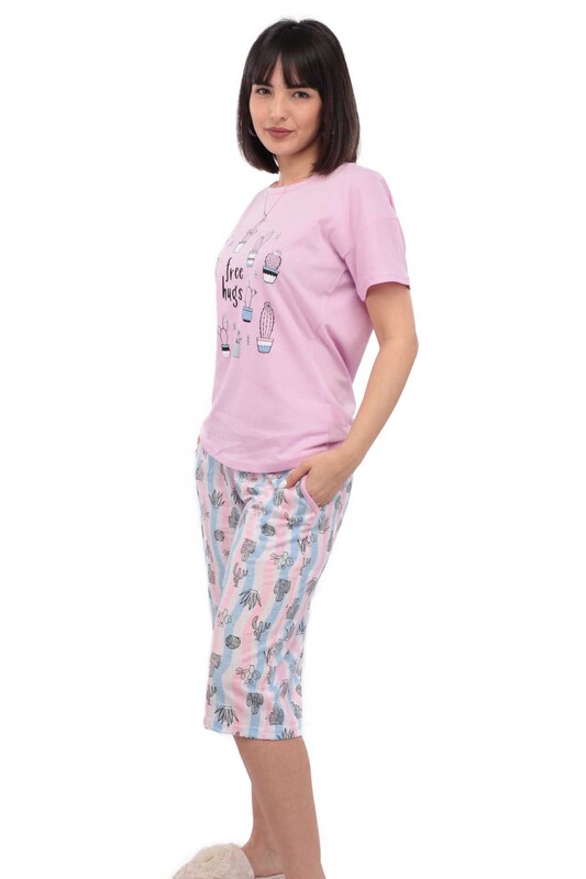 ARCAN - Arcan Kaktüs Desenli Kısa Kol Kadın Kapri Pijama Takımı | Lila