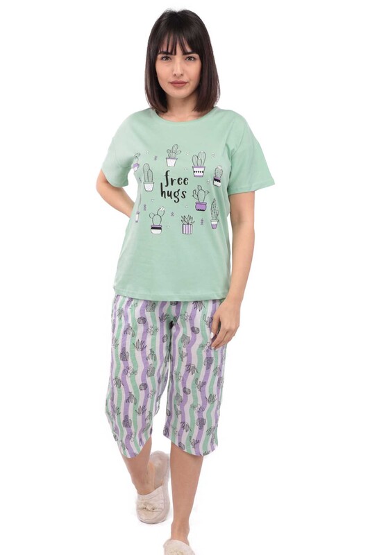 ARCAN - Arcan Kaktüs Desenli Kısa Kol Kadın Kapri Pijama Takımı | Yeşil