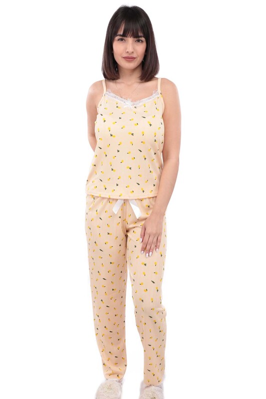ARCAN - Arcan Limon Desenli İp Askılı Kadın Pijama Takımı 13 | Somon