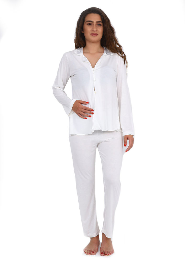 Imaj Shirt Collar Buttoned White Pajamas Set 113 | Ecru