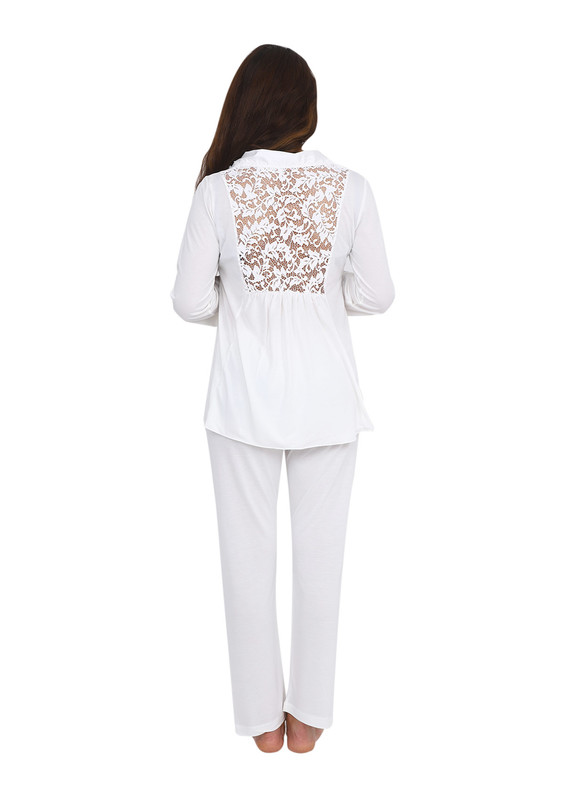 Imaj Shirt Collar Buttoned White Pajamas Set 113 | Ecru - Thumbnail