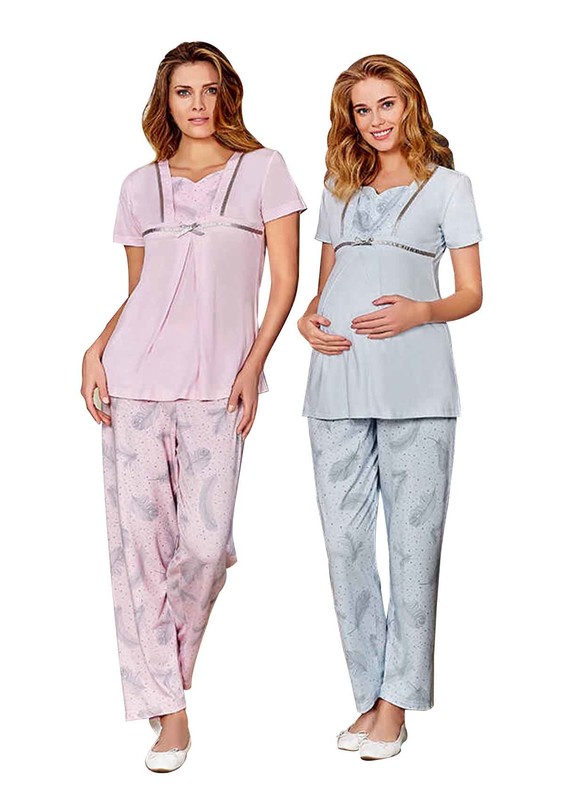 BERRAK - Berrak Leaf Printed Short Sleeve Pregnancy Pyjama Set 453 | Baby Pink