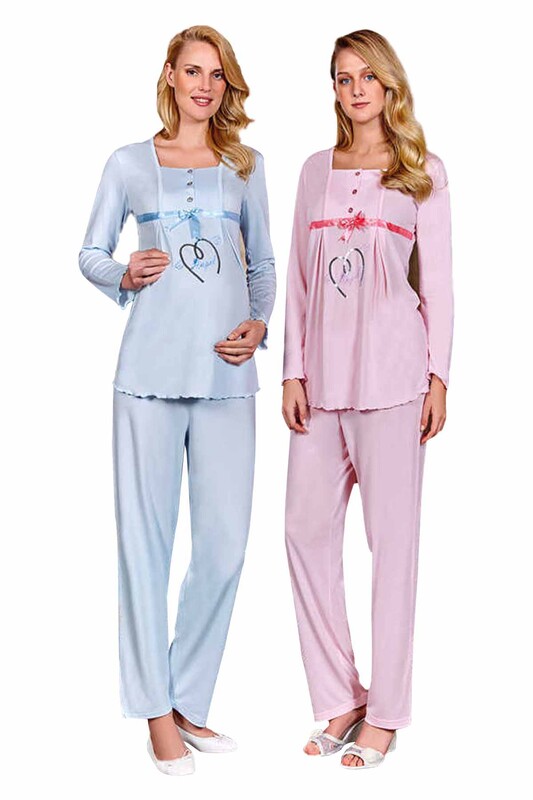 BERRAK - Berrak Heart Printed Pregnancy Pyjama Set 392 | Blue