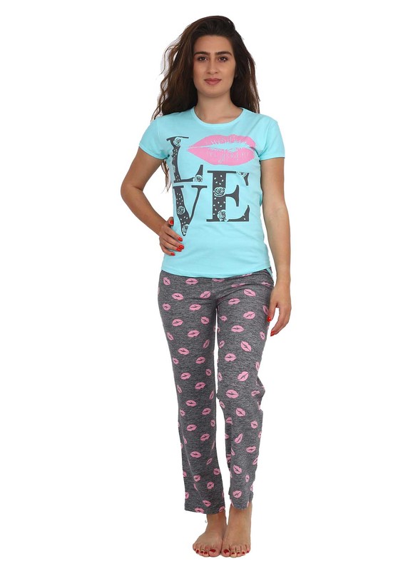 SUDE - Sude Straight Cut Short Sleeved Lip Printed Pajama Set 2864 | Green