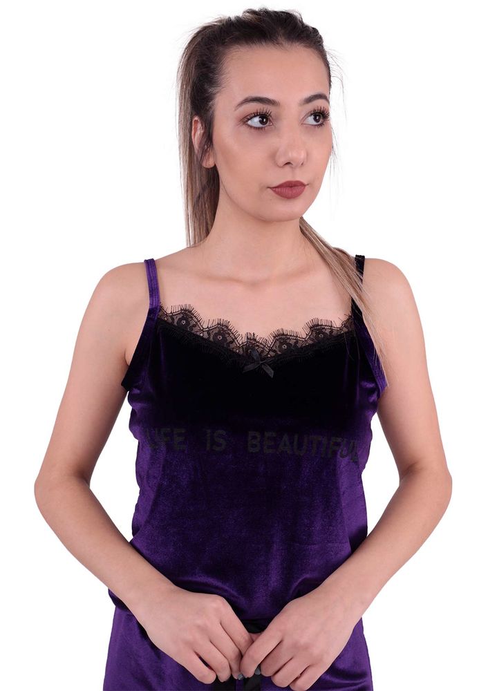 Güpürlü Kadife Şortlu Pijama Takımı 10101 | Mor