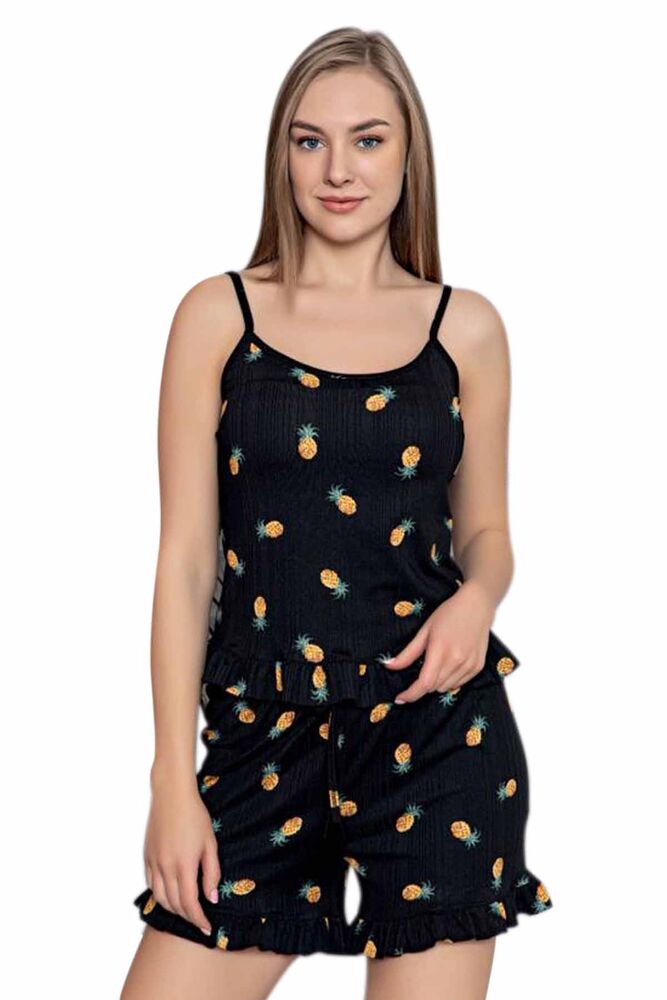 Arcan Strappy Pineapple Patterned Woman Shorts Pajama Set 80117 | Black