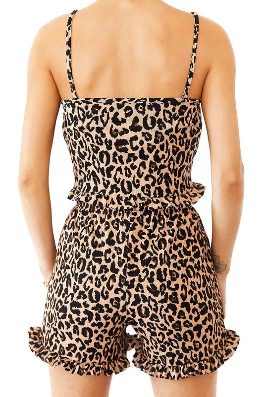 Arcan Strappy Leopard Printed Woman Shorts Pajama Set 80117 | Brown - Thumbnail