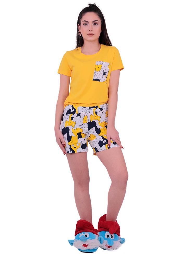 Jiber Cat Printed Shorts Pajama Set 3613 | Yellow