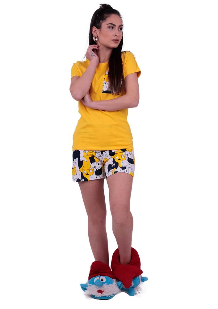 Jiber Cat Printed Shorts Pajama Set 3613 | Yellow