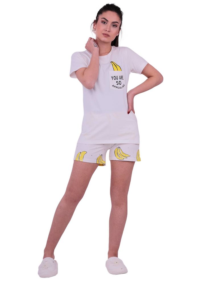 Jiber Muz Desenli Kadın Şortlu Pijama Takımı 3624 | Beyaz