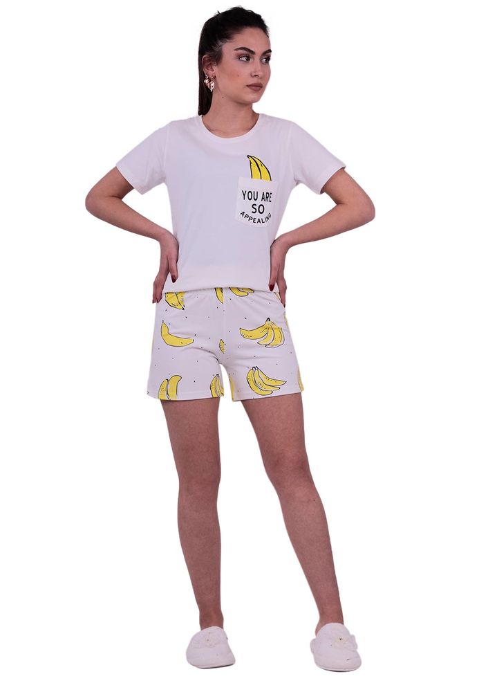 Jiber Muz Desenli Kadın Şortlu Pijama Takımı 3624 | Beyaz