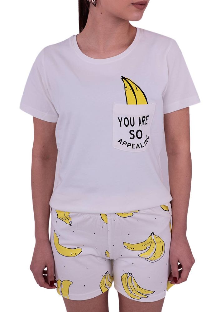 Jiber Muz Desenli Kadın Şortlu Pijama Takımı 3624 | Beyaz
