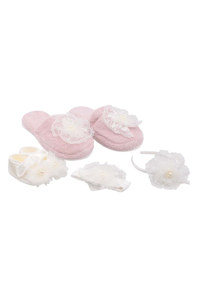 İnci Taşlı Mom Baby Slippers Set | Cream