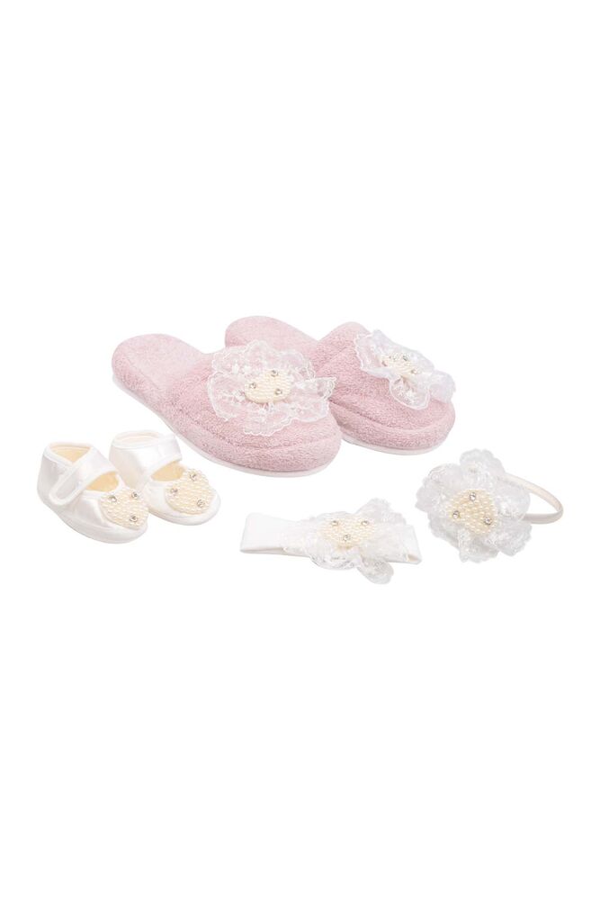 İnci Taşlı Mom Baby Slippers Set 13037 | Pink