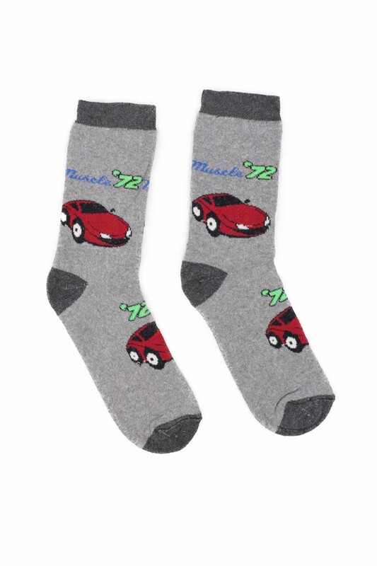 Car Patterned Boy Terry Socks | Grey - Thumbnail